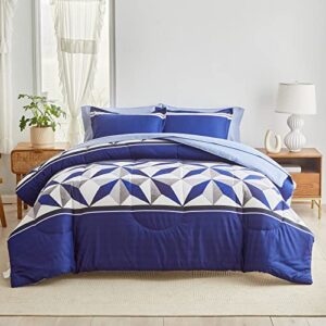 UOZZI BEDDING Stripes Bed in a Bag Queen Size 7 Pieces Navy White Comforter Sheet Set with Diamond All Season Bed Comforter Set (1 Comforter 2 Pillow Shams 1 Flat Sheet 1 Fitted Sheet 2 Pillowcases)