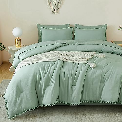 Litanika Queen Comforter Set Sage Green, Bed in a Bag 7 Pieces Pom Pom Fringe Comforter, Aesthetic Boho Bedding Set with Comforter, Sheet, Pillowcases & Shams