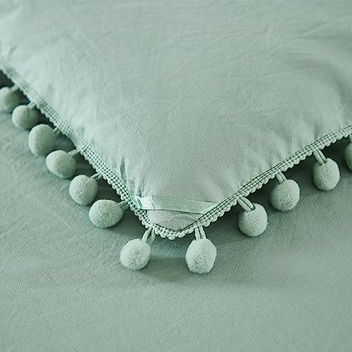 Litanika Queen Comforter Set Sage Green, Bed in a Bag 7 Pieces Pom Pom Fringe Comforter, Aesthetic Boho Bedding Set with Comforter, Sheet, Pillowcases & Shams