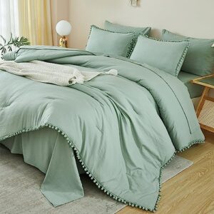 Litanika Queen Comforter Set Sage Green, Bed in a Bag 7 Pieces Pom Pom Fringe Comforter, Aesthetic Boho Bedding Set with Comforter, Sheet, Pillowcases & Shams