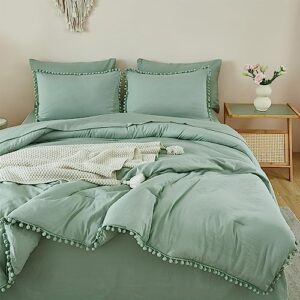 Litanika Queen Comforter Set Sage Green, Bed in a Bag 7 Pieces Pom Pom Fringe Comforter, Aesthetic Boho Bedding Set with Comforter, Sheet, Pillowcases & Shams