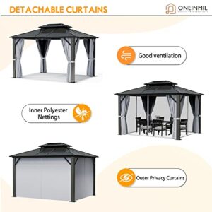 oneinmil 10x12FT Outdoor Hardtop Gazebo Galvanized Steel Pergolas Double Roof Canopy, Aluminum Frame Grill Pergola for Patios with Netting and Curtains,Grey