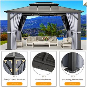 oneinmil 10x12FT Outdoor Hardtop Gazebo Galvanized Steel Pergolas Double Roof Canopy, Aluminum Frame Grill Pergola for Patios with Netting and Curtains,Grey