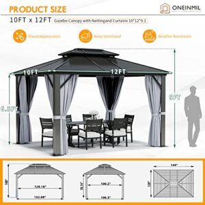 oneinmil 10x12FT Outdoor Hardtop Gazebo Galvanized Steel Pergolas Double Roof Canopy, Aluminum Frame Grill Pergola for Patios with Netting and Curtains,Grey