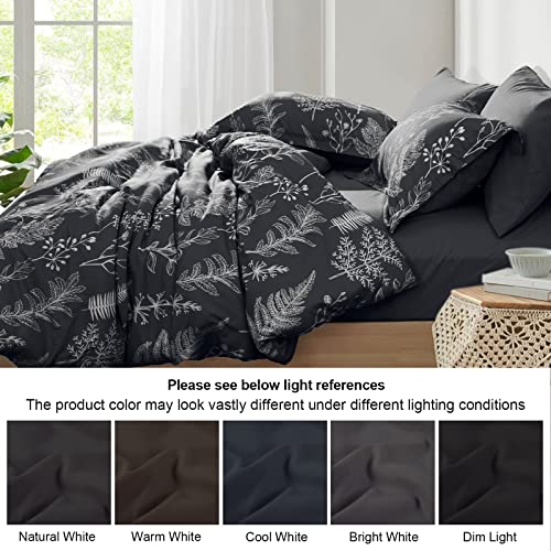 PHF Soft Printed Comforter Sets California King-7 PCS Bed in A Bag Comforter & Sheet Set-Botanical Cozy Bedding Set Include Comforter, Pillow Shams, Flat Sheet, Fitted Sheet and Pillowcase, Black