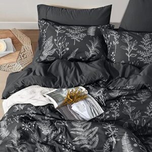 PHF Soft Printed Comforter Sets California King-7 PCS Bed in A Bag Comforter & Sheet Set-Botanical Cozy Bedding Set Include Comforter, Pillow Shams, Flat Sheet, Fitted Sheet and Pillowcase, Black