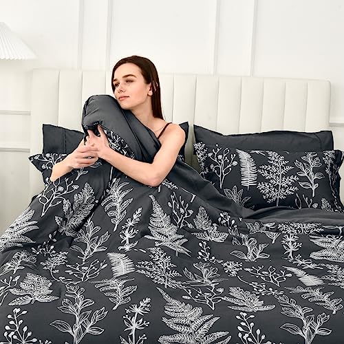 PHF Soft Printed Comforter Sets California King-7 PCS Bed in A Bag Comforter & Sheet Set-Botanical Cozy Bedding Set Include Comforter, Pillow Shams, Flat Sheet, Fitted Sheet and Pillowcase, Black