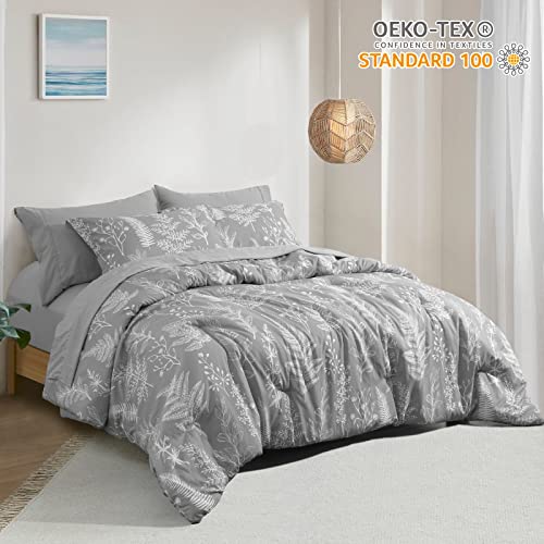 PHF Soft Printed Comforter Sets Queen-7 PCS Bed in A Bag Comforter & Sheet Set-Flowers Botanical Cozy Bedding Set Include Comforter, Pillow Shams, Flat Sheet, Fitted Sheet and Pillowcase, Grey