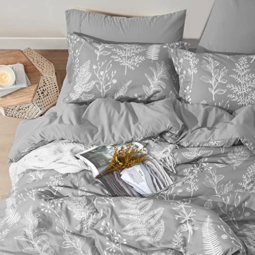 PHF Soft Printed Comforter Sets Queen-7 PCS Bed in A Bag Comforter & Sheet Set-Flowers Botanical Cozy Bedding Set Include Comforter, Pillow Shams, Flat Sheet, Fitted Sheet and Pillowcase, Grey