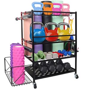 fliors black 4-tier storage shelving unit with whelss, home gym storage rack, home gym workout equipment storage rack, workout storage with wheels and hooks, heavy duty storage shelving