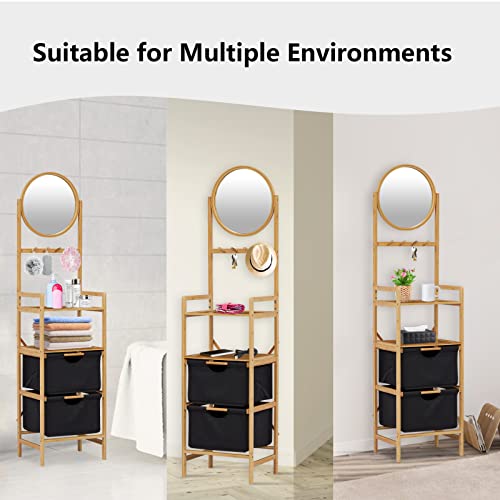 KINTNESS 63”H Bamboo Storage Shelf - Bathroom Storage Cabinet with Adjustable Mirror, Freestanding Shelving Racks with 2 Drawers & 2 Open Shelves for Living Room Bathroom Bedroom