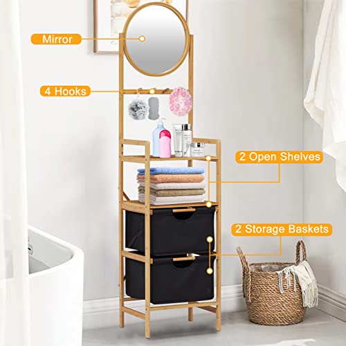 KINTNESS 63”H Bamboo Storage Shelf - Bathroom Storage Cabinet with Adjustable Mirror, Freestanding Shelving Racks with 2 Drawers & 2 Open Shelves for Living Room Bathroom Bedroom