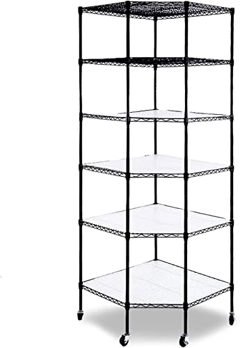 Aybihous3 6 Tiers Corner Shelf Adjustable Metal Storage Wire Shelving Unit Heavy Duty Commercial Rack Free Standing Rack Metal Display On Wheels for Garage Living Room Kitchen Industrial NSF Black