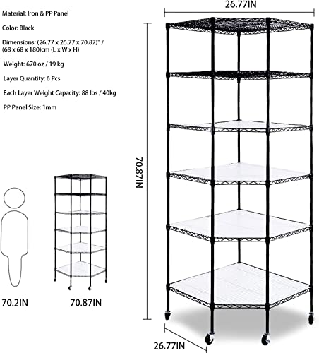 Aybihous3 6 Tiers Corner Shelf Adjustable Metal Storage Wire Shelving Unit Heavy Duty Commercial Rack Free Standing Rack Metal Display On Wheels for Garage Living Room Kitchen Industrial NSF Black