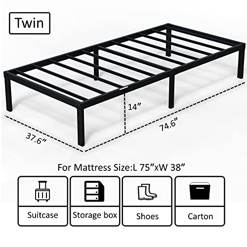 EMODA 14 Inch Twin Bed Frames No Box Spring Needed, Heavy Duty Metal Twin Platform Bed Frame, Noise Free, Easy Assembly, Black