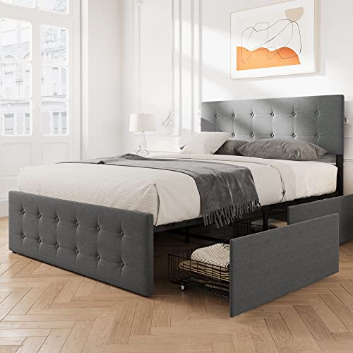 Amyove Full Bed Frame with 4 Storage Drawers,Fits 8'' 10'' 12" Mattress (Full)