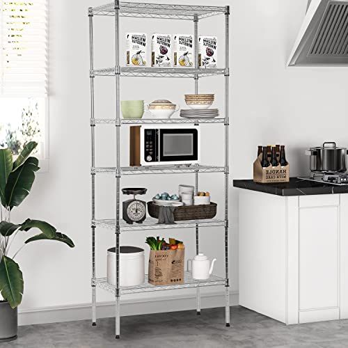 Adjustable Metal Storage Shelves 6-Tier Book Shelf Organizer Wire Shelving Unit 13" X 23" X 60" Steel Storage Rack Shelves for Garage Kitchen Restaurant Garage Pantry (900lbs, Chrome)