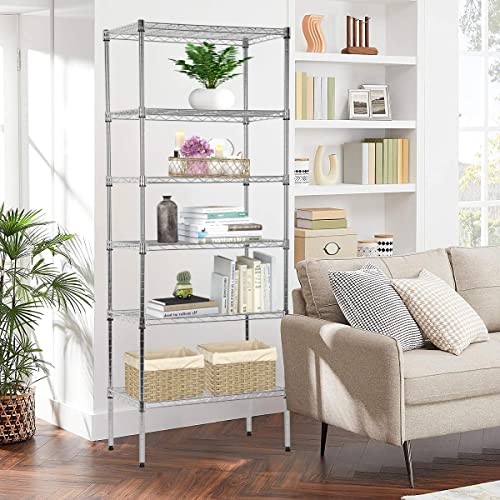 Adjustable Metal Storage Shelves 6-Tier Book Shelf Organizer Wire Shelving Unit 13" X 23" X 60" Steel Storage Rack Shelves for Garage Kitchen Restaurant Garage Pantry (900lbs, Chrome)