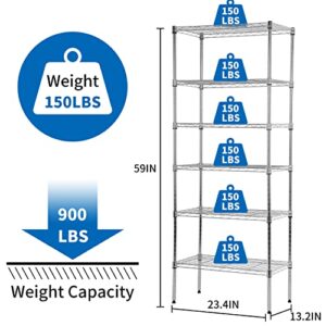 Adjustable Metal Storage Shelves 6-Tier Book Shelf Organizer Wire Shelving Unit 13" X 23" X 60" Steel Storage Rack Shelves for Garage Kitchen Restaurant Garage Pantry (900lbs, Chrome)