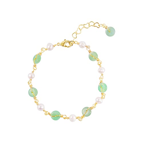 LOOYUUPEE 14K Gold Plated Natural Jade & Pearls Bracelets for Women, Natural Freshwater Pearls Jade Bracelets for Women, Lucky Green Jade Jewelry Chain for Mom Lover Her (14K Gold Plated)