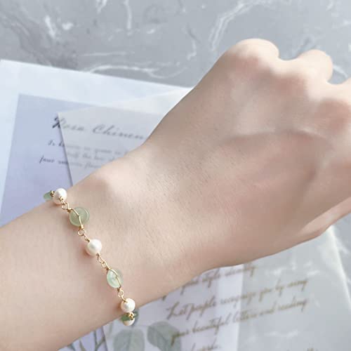 LOOYUUPEE 14K Gold Plated Natural Jade & Pearls Bracelets for Women, Natural Freshwater Pearls Jade Bracelets for Women, Lucky Green Jade Jewelry Chain for Mom Lover Her (14K Gold Plated)