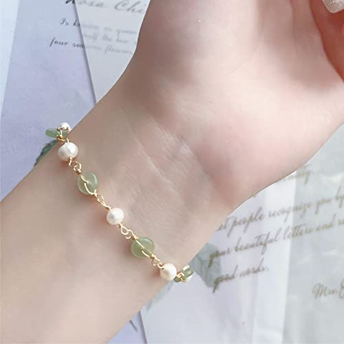 LOOYUUPEE 14K Gold Plated Natural Jade & Pearls Bracelets for Women, Natural Freshwater Pearls Jade Bracelets for Women, Lucky Green Jade Jewelry Chain for Mom Lover Her (14K Gold Plated)