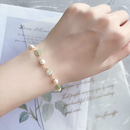 LOOYUUPEE 14K Gold Plated Natural Jade & Pearls Bracelets for Women, Natural Freshwater Pearls Jade Bracelets for Women, Lucky Green Jade Jewelry Chain for Mom Lover Her (14K Gold Plated)