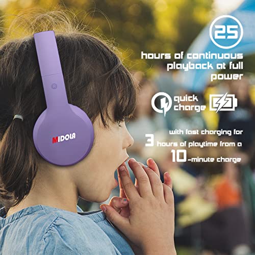 MIDOLA Headphones Bluetooth Wireless Kids Volume Limit 85dB /110dB Over Ear Foldable Noise Protection Headset AUX 3.5mm Cord Mic for Children Boy Girl Travel School Phone Pad Tablet PC Light Purple