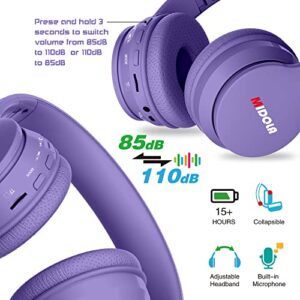 MIDOLA Headphones Bluetooth Wireless Kids Volume Limit 85dB /110dB Over Ear Foldable Noise Protection Headset AUX 3.5mm Cord Mic for Children Boy Girl Travel School Phone Pad Tablet PC Light Purple