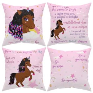 lynn and jade unicorn pillow covers, brown unicorn bedroom decor for girls room, two double-sided 18x18 pink pillow covers, girls room decor, unicorn decor for girls bedroom, black unicorn bedding