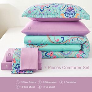 DHSFKBE King Size Comforter Set, 7 Piece Bed in a Bag, Boho Aqua and Lilac Damask Medallion Print Comforter with Sheets, Soft Microfiber Complete Bedding Set for All Season (Aqua, King)