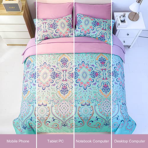 DHSFKBE King Size Comforter Set, 7 Piece Bed in a Bag, Boho Aqua and Lilac Damask Medallion Print Comforter with Sheets, Soft Microfiber Complete Bedding Set for All Season (Aqua, King)