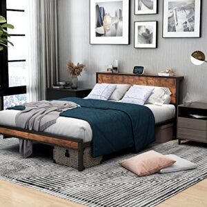 dumee bed frame queen size with wood storage headboard, metal queen platform bed frames, no box spring needed, noise free, black & rustic brown