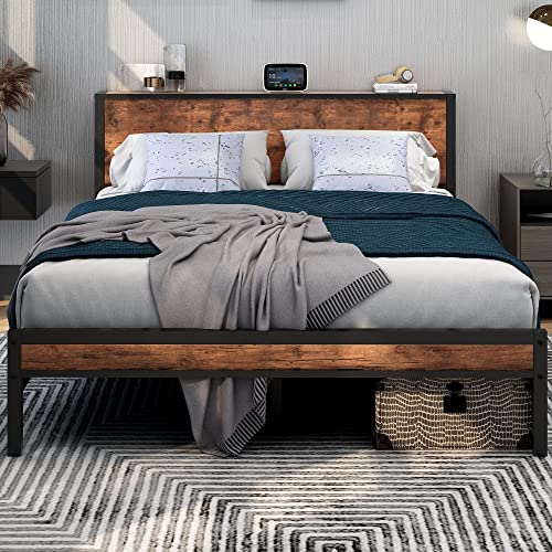 DUMEE Bed Frame Queen Size with Wood Storage Headboard, Metal Queen Platform Bed Frames, No Box Spring Needed, Noise Free, Black & Rustic Brown