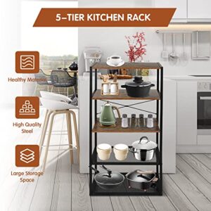 NO MORE TAG 5-Tier Kitchen Baker's Rack Metal Shelving Unit Heavy Duty Free Standing Baker's Rack for Kitchens Microwave Oven Storage Rack Coffee Station Rustic Brown