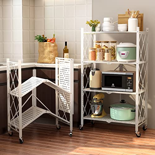 VOLPONE Metal Storage Shelves with Wheels Foldable Garage Shelving No Assembly Shelving Unit for Kitchen Bathroom White 4 Tier