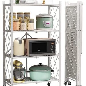 VOLPONE Metal Storage Shelves with Wheels Foldable Garage Shelving No Assembly Shelving Unit for Kitchen Bathroom White 4 Tier