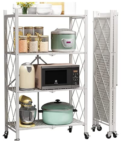 VOLPONE Metal Storage Shelves with Wheels Foldable Garage Shelving No Assembly Shelving Unit for Kitchen Bathroom White 4 Tier