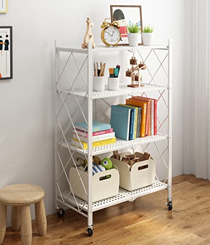 VOLPONE Metal Storage Shelves with Wheels Foldable Garage Shelving No Assembly Shelving Unit for Kitchen Bathroom White 4 Tier