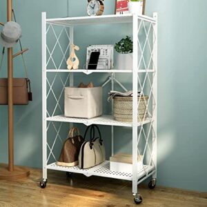 VOLPONE Metal Storage Shelves with Wheels Foldable Garage Shelving No Assembly Shelving Unit for Kitchen Bathroom White 4 Tier