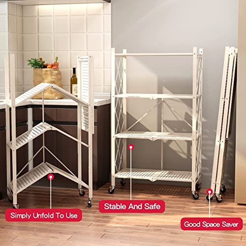 VOLPONE Metal Storage Shelves with Wheels Foldable Garage Shelving No Assembly Shelving Unit for Kitchen Bathroom White 4 Tier