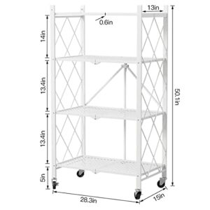 VOLPONE Metal Storage Shelves with Wheels Foldable Garage Shelving No Assembly Shelving Unit for Kitchen Bathroom White 4 Tier