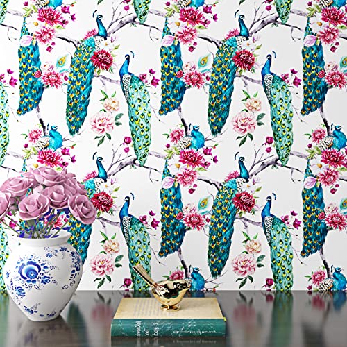 ReWallpaper Vintage Peal and Stick Peacock Wallpaper Blue/Green/Teal Flower Tree Wall Paper Self Adhesive 17.5in X 10ft Removable Wallpaper Peel and Stick Contact Paper Wall Mural for Bathroom Bedroom