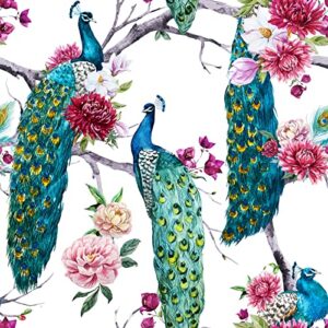 rewallpaper vintage peal and stick peacock wallpaper blue/green/teal flower tree wall paper self adhesive 17.5in x 10ft removable wallpaper peel and stick contact paper wall mural for bathroom bedroom