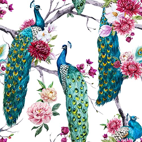 ReWallpaper Vintage Peal and Stick Peacock Wallpaper Blue/Green/Teal Flower Tree Wall Paper Self Adhesive 17.5in X 10ft Removable Wallpaper Peel and Stick Contact Paper Wall Mural for Bathroom Bedroom