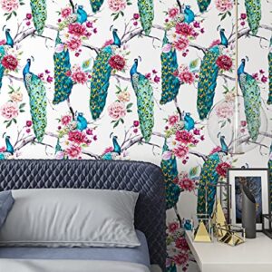 ReWallpaper Vintage Peal and Stick Peacock Wallpaper Blue/Green/Teal Flower Tree Wall Paper Self Adhesive 17.5in X 10ft Removable Wallpaper Peel and Stick Contact Paper Wall Mural for Bathroom Bedroom