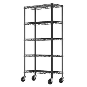 SINGAYE 5-Shelf Adjustable, Heavy Duty Storage Shelving Unit on Wheels, Steel Organizer Wire Rack, 30" W x 14" D x 64" H,Black