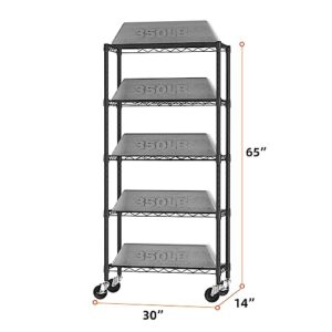 SINGAYE 5-Shelf Adjustable, Heavy Duty Storage Shelving Unit on Wheels, Steel Organizer Wire Rack, 30" W x 14" D x 64" H,Black