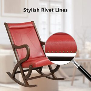 Giantex Rocking Chair with Cushion, Modern PU Leather Rocker, Rubber Wood Frame, Ergonomic Backrest Armrest, Single Rocking Chair for Nursery Living Room Bedroom Lounge Office, Red