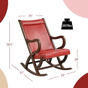 Giantex Rocking Chair with Cushion, Modern PU Leather Rocker, Rubber Wood Frame, Ergonomic Backrest Armrest, Single Rocking Chair for Nursery Living Room Bedroom Lounge Office, Red